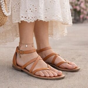 Sam Edelman Gilroy Sandals 9.5M Brown Leather Strappy Ankle Flat Thong Gladiator